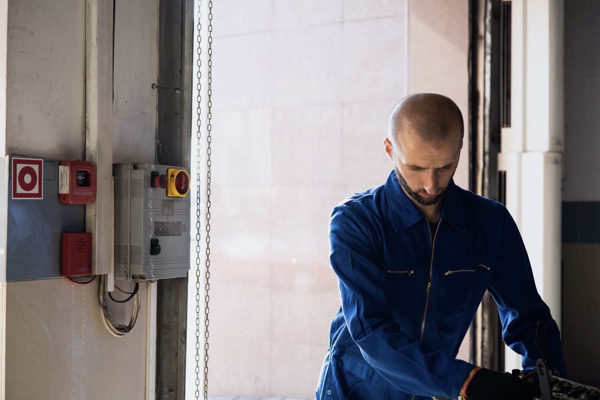 An engineer in blue overalls working at a doorway.